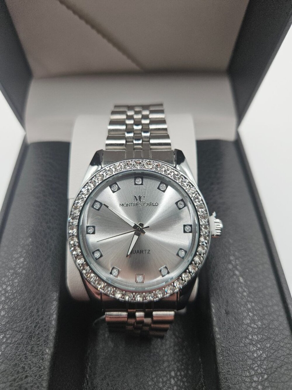 Montres Carlo Silver Tone Watch with Crystal Bezel and Link Band - NIB